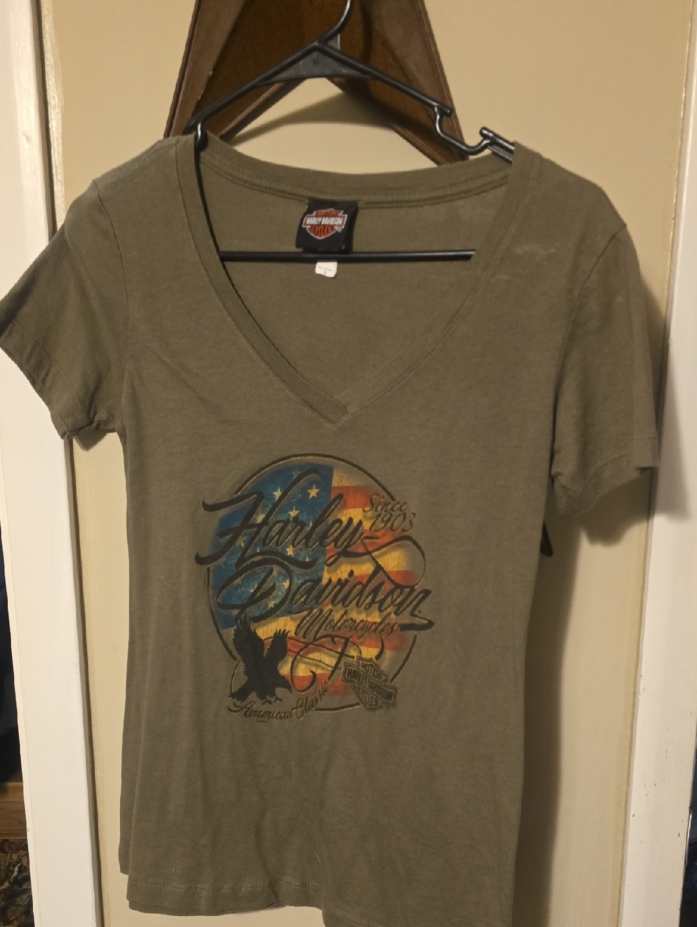 Harley-Davidson Olive Green V-Neck Graphic Tee with Retro Shield